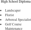 High School Diploma

•	Landscaper
•	Florist
•	Arboreal Specialist
•	Golf Course Maintenance

