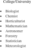 College/University

•	Biologist
•	Chemist
•	Horticulturist
•	Mathematician
•	Astronomer
•	Forestry
•	Statistician
•	Meteorologist

